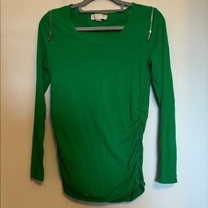 Micheal Kors  green pullover gathered sides long sleeve zip shoulders size M